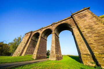 View of the historic Pfrimmtal Viaduct. The ruins of the bridge torso near Marnheim. Old Marnheim Bridge in the Donnersberg district.
