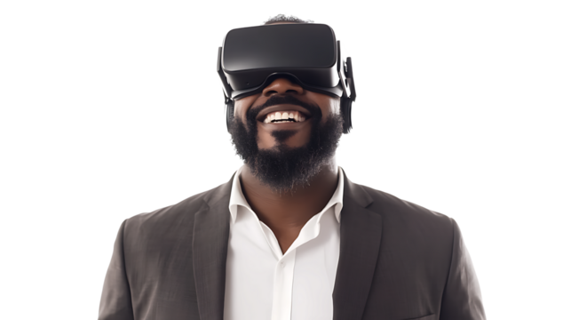 Black businessman smiling portrait, working in VR glasses headset, Concept of digital world and metaverse, isolated on a transparent background
