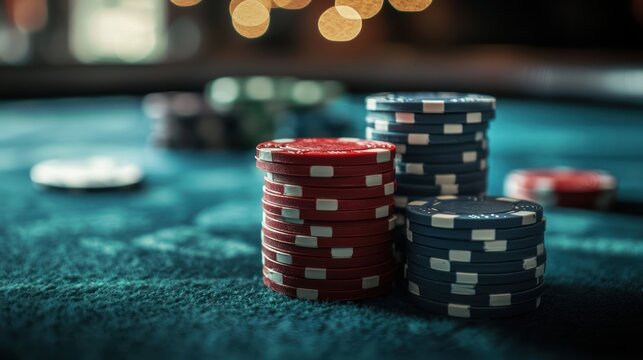 Stacked Red and Blue Poker Chips on a Green Table with Blurred Background Lights