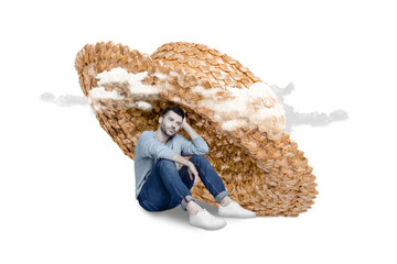 Magazine template collage of negative young guy tired from work hide protect behind big sunhat summer holiday dreaming