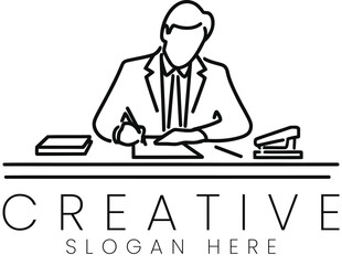 Businessman Working Desk Creative Minimalist Line Art Design job logo icon black white    