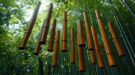 Obraz premium Bamboo wind chimes hanging in a bamboo forest.