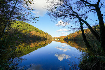 Fototapeta premium Landscape at the Seehofweiher pond in the Porzbach Valley. Waters along the Porzbach stream in the forest. Autumnal nature at the bathing lake. 