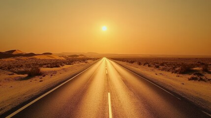 Naklejka premium A deserted highway stretching endlessly through the vast desert, with golden dunes on both sides under the setting sun.