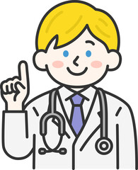 提案する、白衣を着て聴診器をつけた、白人の男性医師（線画カラー）のイラスト