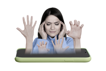 Magazine template collage of exhausted mature lady social media app user tired false web information fading hands attack