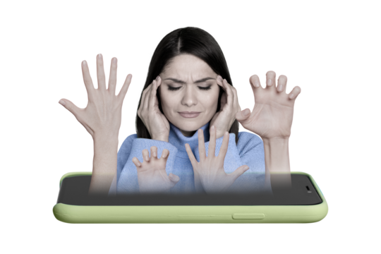 Magazine template collage of exhausted mature lady social media app user tired false web information fading hands attack