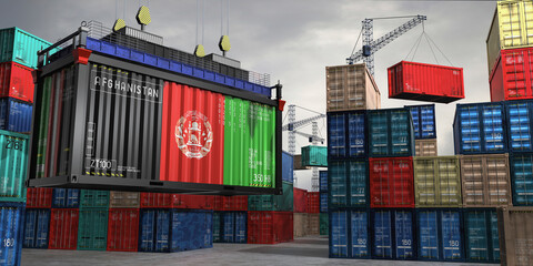 Fototapeta premium Cargo container with flag of Afghanistan lifted by crane at freight terminal - 3D illustration