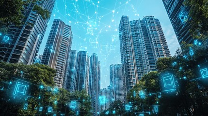 Fototapeta premium A futuristic megacity with interactive holograms floating between buildings 