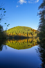 Landscape at the Seehofweiher pond in the Porzbach Valley. Waters along the Porzbach stream in the forest. Autumnal nature at the bathing lake.
