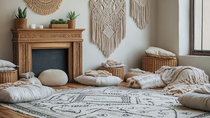 A boho-style meditation room with Moroccan-style rugs overlapping on the floor