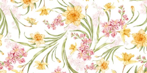 Delicate Watercolor Floral Pattern of Daffodils and Spring Flowers