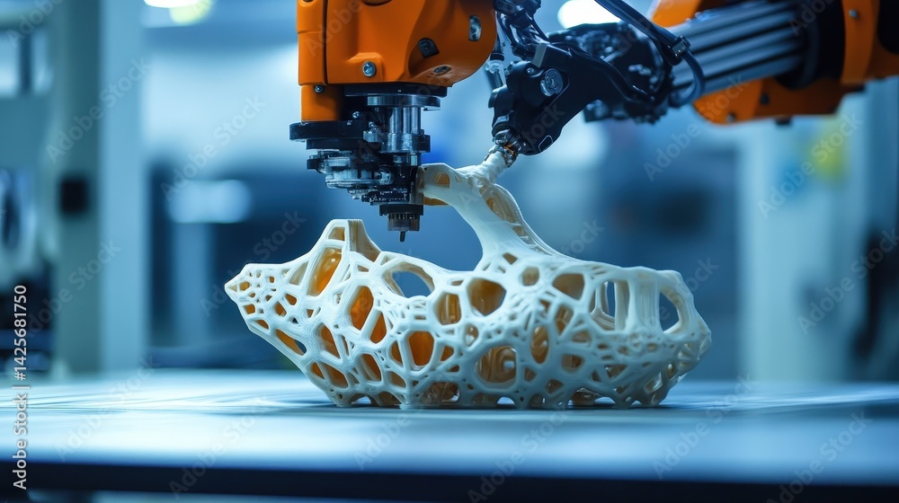 Poster a detailed 3d-printed object being created layer by layer by an advanced robotic arm, showcasing the