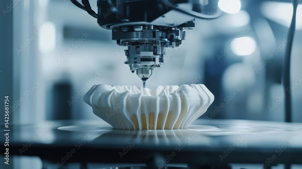Poster a detailed 3d-printed object being created layer by layer by an advanced robotic arm, showcasing the