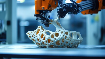 A detailed 3D-printed object being created layer by layer by an advanced robotic arm, showcasing the future of manufacturing.