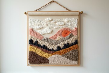 Handmade textile art wall hanging with abstract landscape design