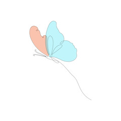 Continuous one line drawing of butterfly white background vector Illustration. Butterfly continuous line drawing with color shapes. butterfly vector image