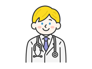 白衣を着て聴診器をつけた、白人の男性医師（線画カラー）のイラスト