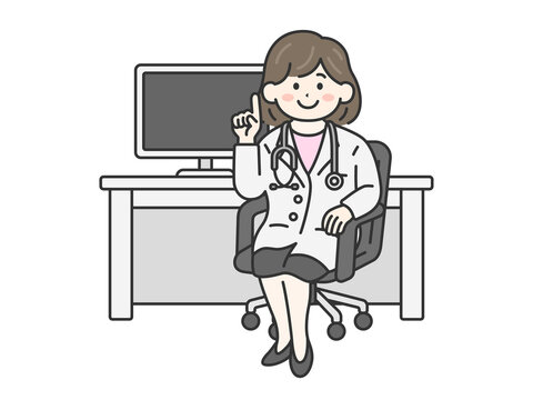 recommend clip art: 病院の診察室の椅子に座っている、聴診器をつけた、女性医師（線画カラー）のイラスト