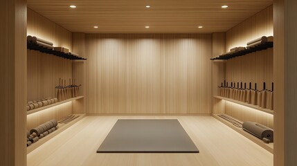 A built-in yoga alcove with light maple wood walls