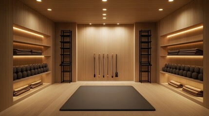 A built-in yoga alcove with light maple wood walls