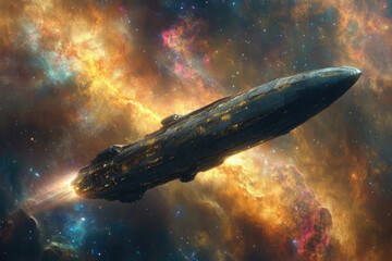 A colossal spaceship navigates a vibrant nebula, leaving a glowing trail in its wake.