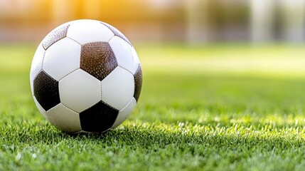 Fototapeta premium A classic soccer ball resting peacefully on vibrant green grass