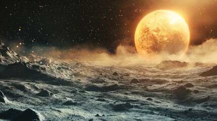 Fototapeta premium A surreal landscape with a large planet and starry night