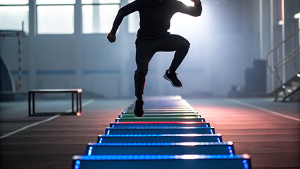Solopreneur Business Freelance Independent Athlete training on illuminated steps in a gym, showcasing dynamic movement and focus.