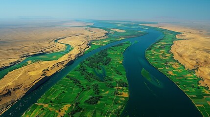 Nile River dramatic satellite perspective showcasing Niles path through arid desert landscape sustaining lush green floodplain ancient irrigation channel still use embodying millennia old significance