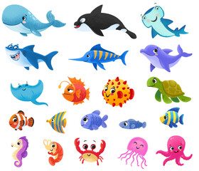 set of cute fish and sea animals characters