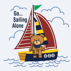 bear go sailing alone,cartoon illustration