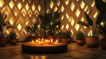 A chic meditation room featuring geometric patterns on acoustic wall panels