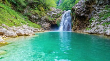 Fototapeta premium Serene mountain waterfall cascading into a turquoise pool, surrounded by lush greenery and rocky terrain