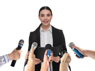 Journalists with microphones interviewing woman on white background, closeup
