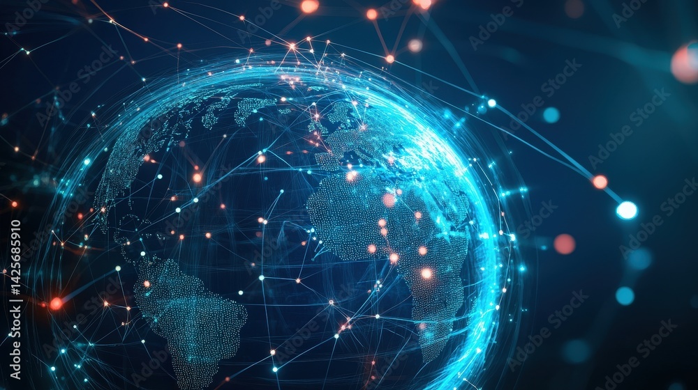 Poster digital globe with glowing interconnected lines, representing a global network of communication and 