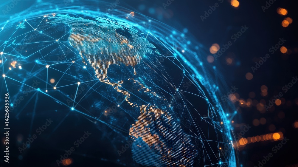 Poster digital globe with glowing interconnected lines, representing a global network of communication and 