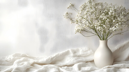 Fototapeta premium Elegant white floral arrangement in vase minimalist interior photography bright serene atmosphere