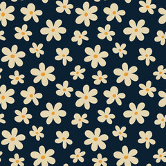 seamless pattern design features a repeating arrangement of yellow flowers with orange centers on a navy blue background