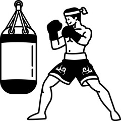 black and white Muay Thai boxer punching a sandbag
