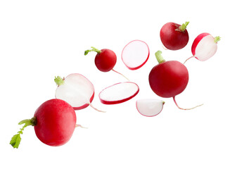 Fresh ripe radishes falling on white background