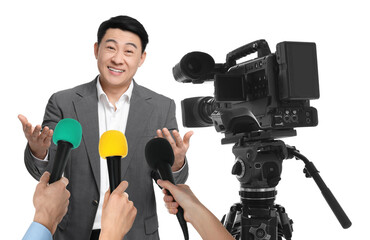 Journalists with microphones and video camera interviewing man on white background, closeup