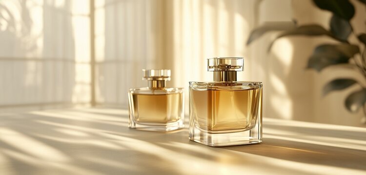 Elegant fragrance bottles on a sunlit surface, evoking sophistication and luxury in a serene setting.