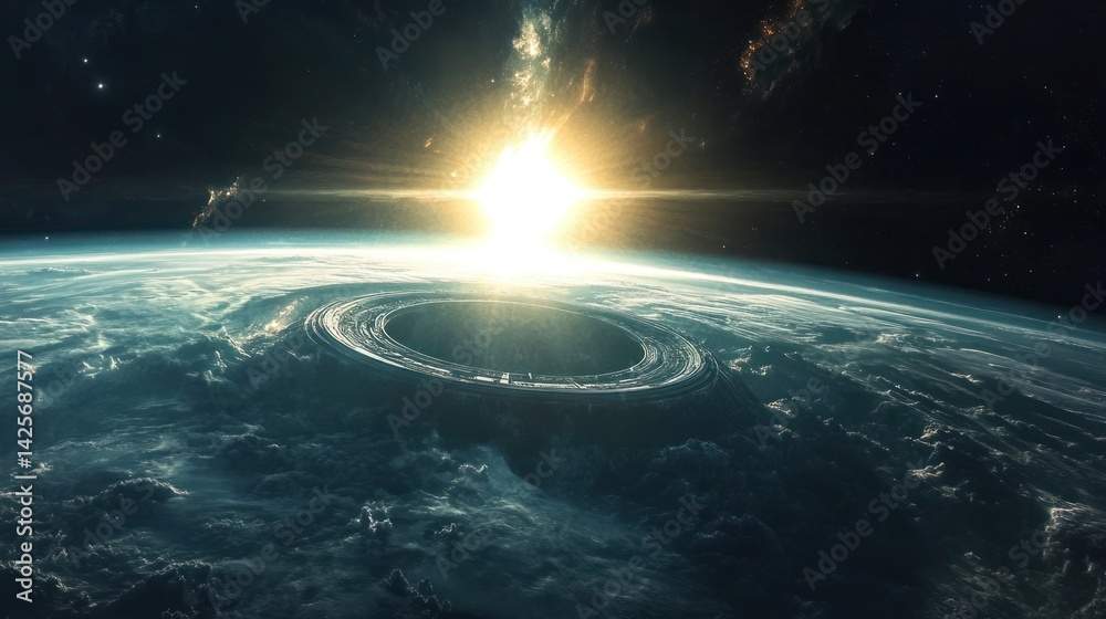 Wall mural a celestial view of a planet with a circular structure