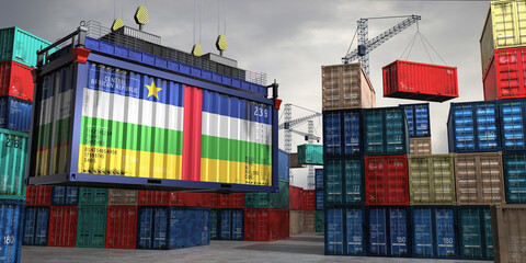 Fototapeta premium Cargo container with flag of Central African Republic lifted by crane at freight terminal - 3D illustration