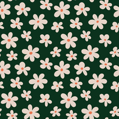 seamless pattern design features pink flowers with orange centers on a dark green background, creating a cheerful and decorative floral motif