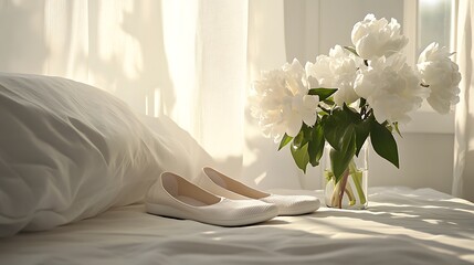 Cozy slippers by the bedside with a fresh bouquet of flowers nearby, bathed in soft morning light, creating a peaceful and loving atmosphere perfect for Mother's Day or expressing appreciation for mom