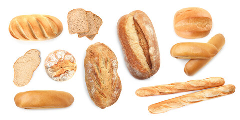 Different types of bread isolated on white, top view