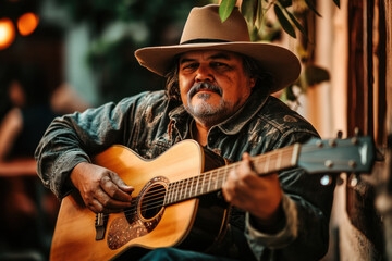 Obraz premium Mexican musician playing acoustic guitar outdoors in a restaurant