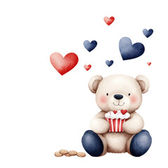 Obraz premium Cute bear holding popcorn with hearts, perfect for love themes. isolated against a transparent background.